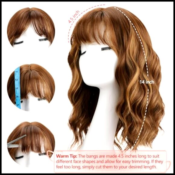 Wavy Bob Wig with Bangs Synthetic Heat Resistant Shoulder Length Daily Wear